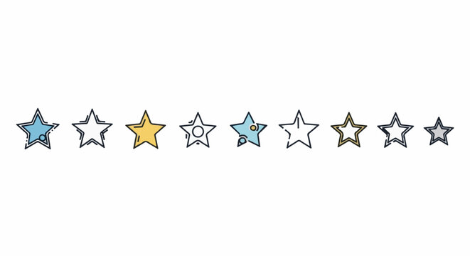 A row of ten stylized, outlined stars in various colors and fill patterns