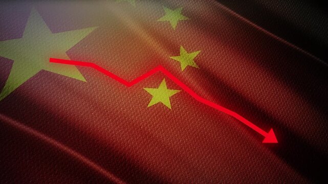 China Flag with Red Financial Graph Chart &ndash; Economic Decline, Market Crisis and Recession Concept