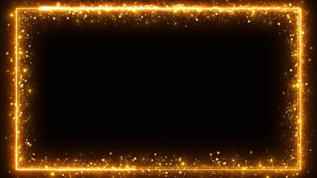 Golden rectangle frame background glowing border, glitter particles, center space, luxury festive shine. invitation award titles, wedding slideshows, celebration promos, event screens, overlays.