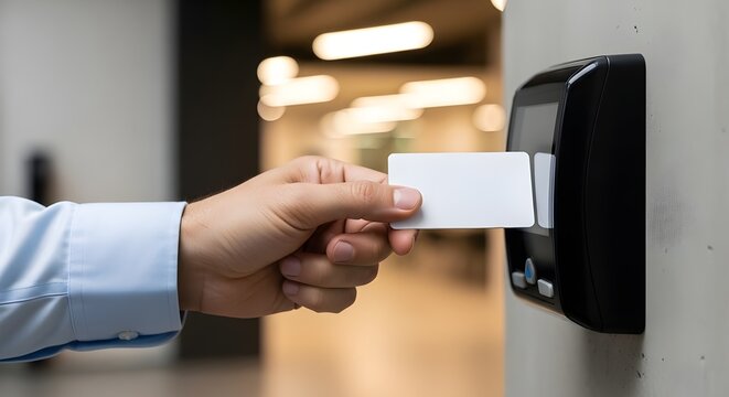 Hand holding a white blank access card to scan at a digital security entry reader