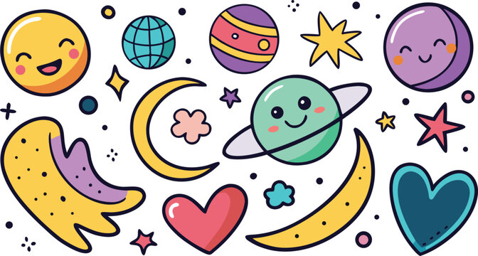 Cute cartoon space stickers with planets stars hearts and moons on a transparent background.