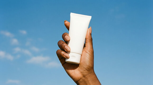 Dark-skinned hand holding white cosmetic tube against clear blue sky, minimalist skincare product concept.