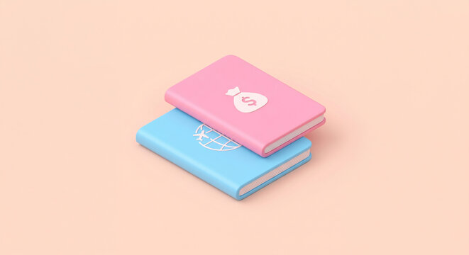 3D Minimalist Pastel Icon of Passport Stacked on Bank Passbook, Travel Finance Concept