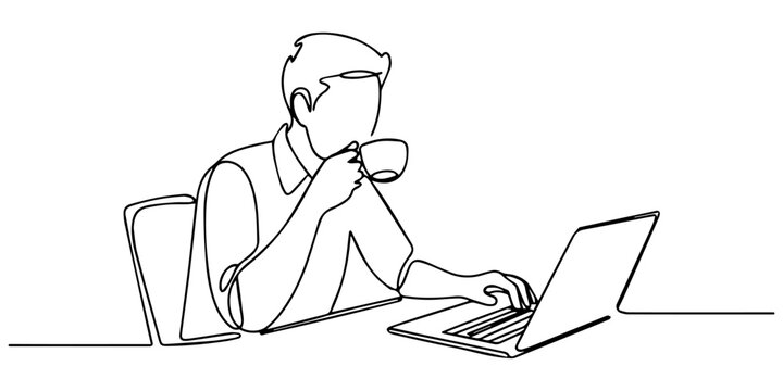 Man in glasses drinking coffee while working on a laptop, continuous line art, Continuous line drawing of a man working on a laptop while drinking water, showcasing a modern and minimalist design cup