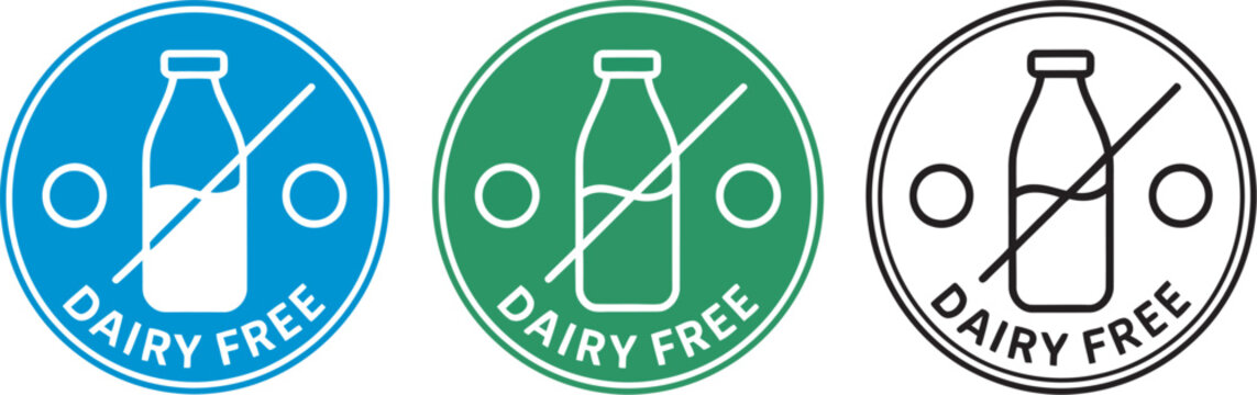 Dairy free logo template illustration, vector badge design for lactose-free products, vegan food branding, health-conscious diet labeling and clean nutrition identity design elements.