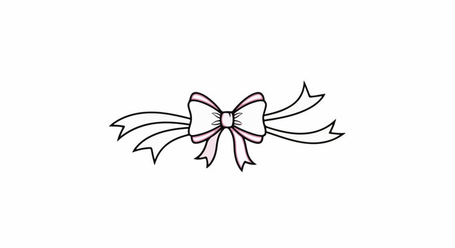 A delicate pink and white ribbon bow with flowing tails on a white background