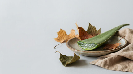 Fototapeta premium Fresh aloe vera leaf on ceramic plate with dried leaves, natural wellness photo.