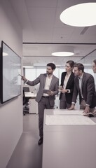 Fototapeta premium Diverse professional group in business attire analyzing an organizational chart in a modern office setup for corporate strategy, team leadership and workflow planning