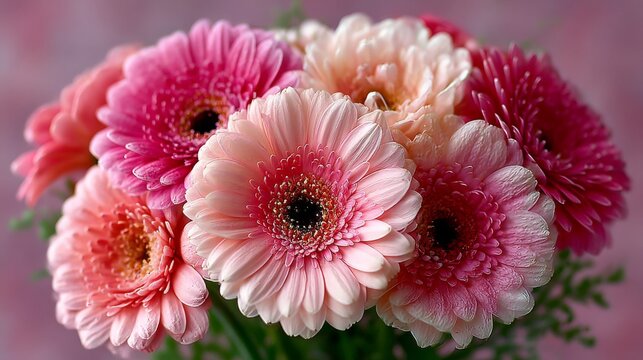 A vibrant bouquet of pink and peach Gerbera daisies in soft focus, highlighting their layered petals and dark centers against a warm, blurred background.