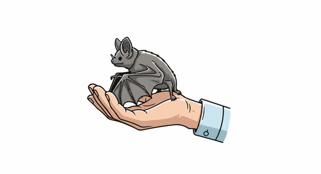 A gray bat sits perched on an open, light-skinned hand