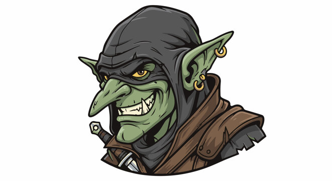 A green, grinning goblin with a pointed nose, yellow eyes, and piercings