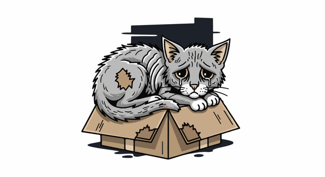 A sad gray cat cries while curled up in a damaged cardboard box