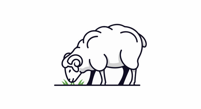 A simple line drawing of a fluffy white sheep eating green grass
