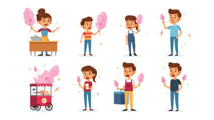 Fototapeta premium Sweet Moments: An array of charming individuals, each clutching a fluffy cloud of cotton candy, evokes the simple joys of a delightful treat and happy day.