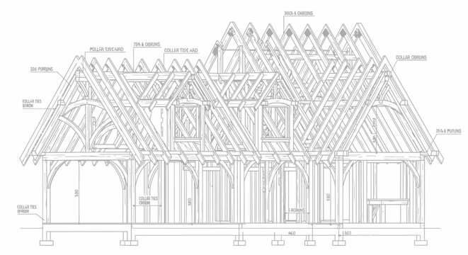 Detailed architectural drawing of a timber frame house roof and wall structure, isolated white background.