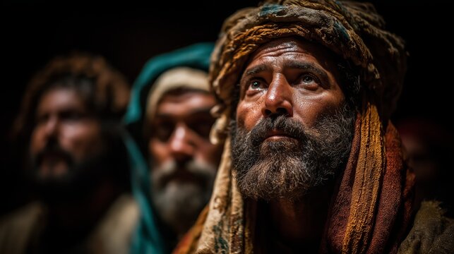 Group of ancient Israelite high society men in traditional robes, historical setting with dignified expressions, cultural heritage and elite social class concept