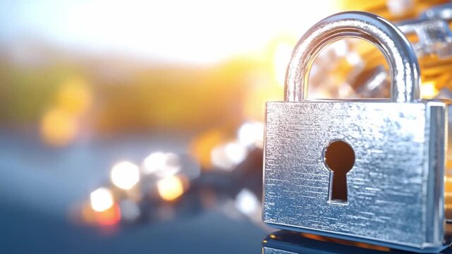 Digital Fortress: A close-up view of a sturdy silver padlock, symbolizing security and protection, stands guard over a blurred background of technology.