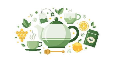 Fototapeta premium Green Tea and Herbal Infusion Concept Vector Illustration with Teapot, Honeycomb, and Lemon on White Background