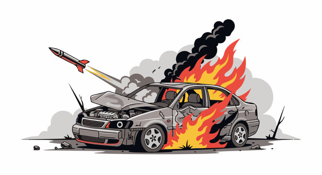 A missile streaks towards a burning car with smoke billowing