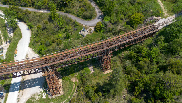  High angle view of the historic Gorgopotamos railway viaduct over the river in Greece