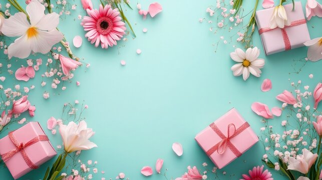 Pink gifts and flowers on a light blue background for special occasions and celebrations gifts