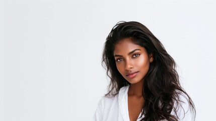 Fototapeta premium beautiful maldivian model portrait on white background, elegant tropical woman studio portrait minimal style, exotic maldivian female beauty isolated on clean white background
