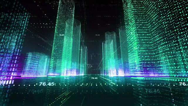 Abstract background with fancy neon grids city silhouette in vintage style.Can be used for workflow layout, diagram, web design, banner template. video illustration