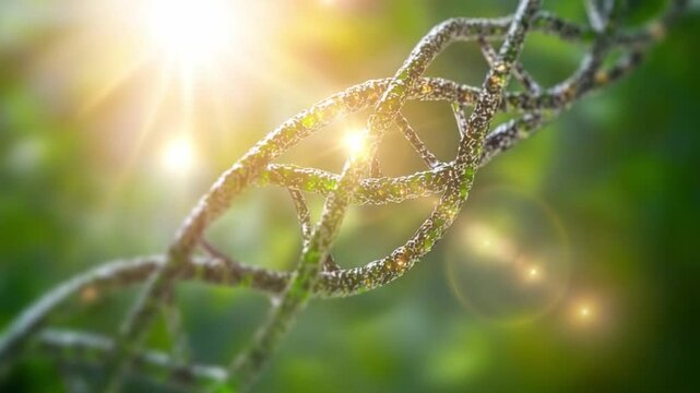 DNA Strand: A close-up shot of a complex DNA strand against a backdrop of natural green foliage and bright light, highlighting the intricate details of genetic structure.