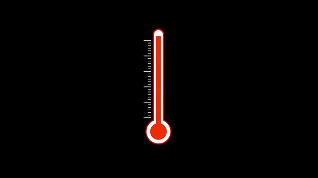 Digital thermometer animation rising temperature indicator with red liquid level on black background for weather forecast climate change global warming data