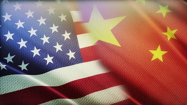 USA and China Flags Waving Side by Side in Wind &ndash; Geopolitics, Trade Relations and International Diplomacy
