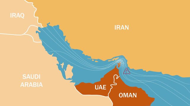 Persian gulf shipping routes map animation showing maritime trade lanes through the strait of hormuz connecting middle east oil producing nations to global