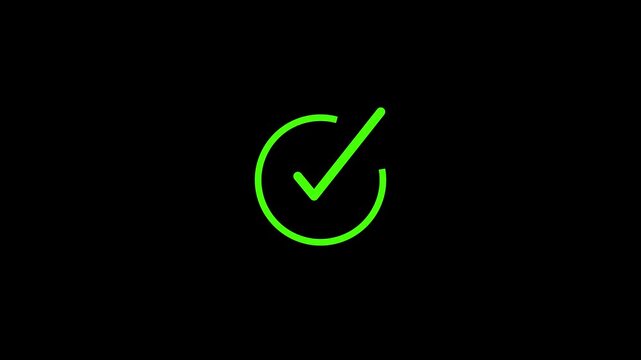 Animated green check mark inside a circle isolated on black background for user interface and digital feedback systems representing success completion