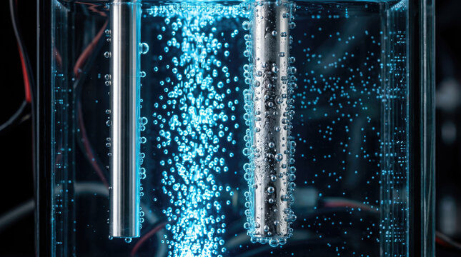 Water Electrolysis with Metal Electrodes and Rising Bubbles in Glass Tank