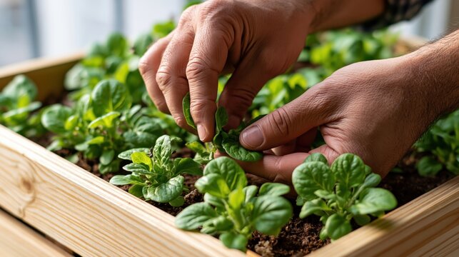Tending to seedlings in a balcony planter box during morning light