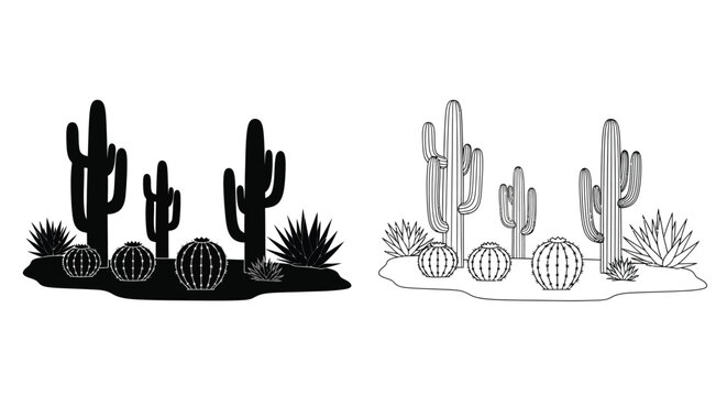 Desert cactus silhouettes a black and white botanical illustration set