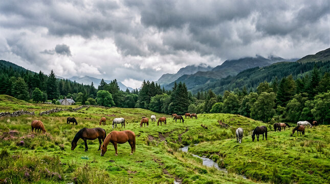 Caballos pastando libremente en un exuberante prado verde bajo un cielo gris dram&aacute;tico. Escena rural serena con bosques densos y colinas al fondo tras una lluvia reciente.