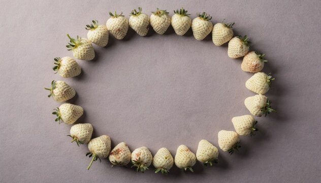 Decorative oval frame of fresh white strawberries on a neutral surface with central copy space for summer food branding, seasonal menu mockups and organic fruit marketing