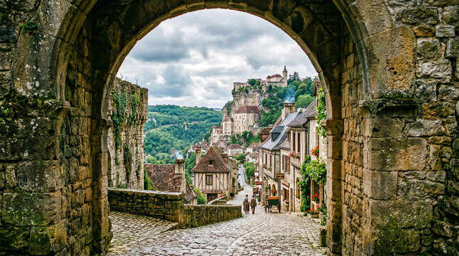 Arco de piedra medieval que enmarca una vista pintoresca de un pueblo tradicional bajo un cielo nublado. Arquitectura hist&oacute;rica con texturas de mamposter&iacute;a antigua y suelo empedrado.