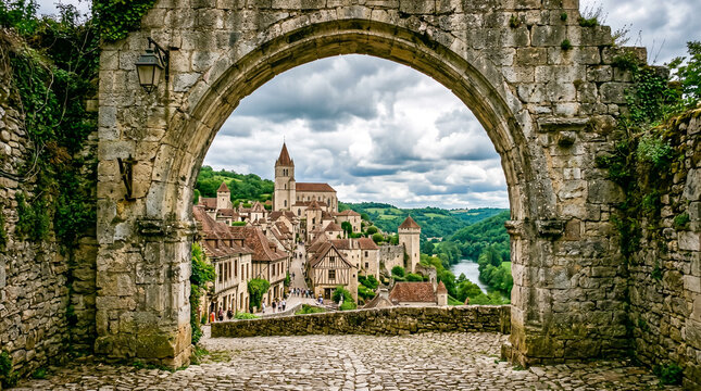 Arco de piedra medieval que enmarca una vista pintoresca de un pueblo tradicional bajo un cielo nublado. Arquitectura hist&oacute;rica con texturas de mamposter&iacute;a antigua y suelo empedrado.