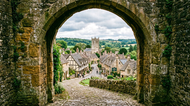 Arco de piedra medieval que enmarca una vista pintoresca de un pueblo tradicional bajo un cielo nublado. Arquitectura hist&oacute;rica con texturas de mamposter&iacute;a antigua y suelo empedrado.