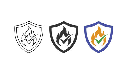 Fototapeta premium Fire protection shield vector icon set with flame safety symbols in outline and color styles for security, insurance, cybersecurity and protection design projects