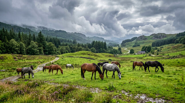 Caballos pastando libremente en un exuberante prado verde bajo un cielo gris dram&aacute;tico. Escena rural serena con bosques densos y colinas al fondo tras una lluvia reciente.