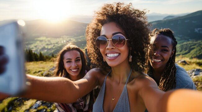 Un groupe d'amis prenant un selfie au sommet d'une montagne, souriant et s'amusant lors d'une randonn&eacute;e au lever du soleil.