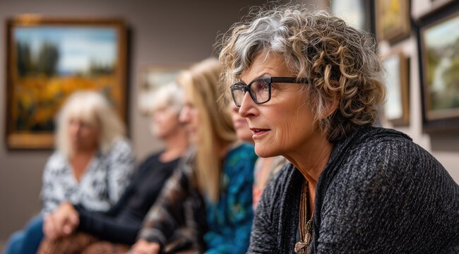 Un groupe de femmes seniors assis dans un mus&eacute;e, la personne principale portant des lunettes avec des cheveux boucl&eacute;s et des m&egrave;ches grises, profondeur de champ faible.