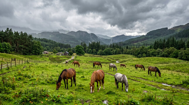 Caballos pastando libremente en un exuberante prado verde bajo un cielo gris dram&aacute;tico. Escena rural serena con bosques densos y colinas al fondo tras una lluvia reciente.