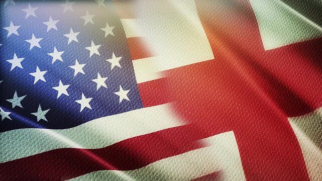 USA and England Flags Waving Side by Side in Wind &ndash; Alliance, Diplomacy and International Relations
