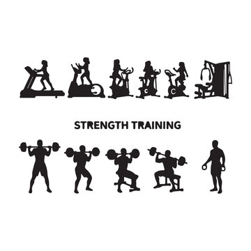 Set of black silhouette icons showing strength training exercises and gym equipment