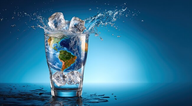 Un verre d'eau contenant la plan&egrave;te Terre avec gla&ccedil;ons et &eacute;claboussures d'eau sur fond bleu, concept de sensibilisation sur le gaspillage des ressources ou le r&eacute;chauffement climatique.