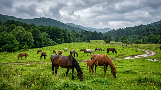 Caballos pastando libremente en un exuberante prado verde bajo un cielo gris dram&aacute;tico. Escena rural serena con bosques densos y colinas al fondo tras una lluvia reciente.