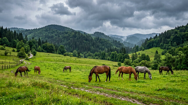 Caballos pastando libremente en un exuberante prado verde bajo un cielo gris dram&aacute;tico. Escena rural serena con bosques densos y colinas al fondo tras una lluvia reciente.